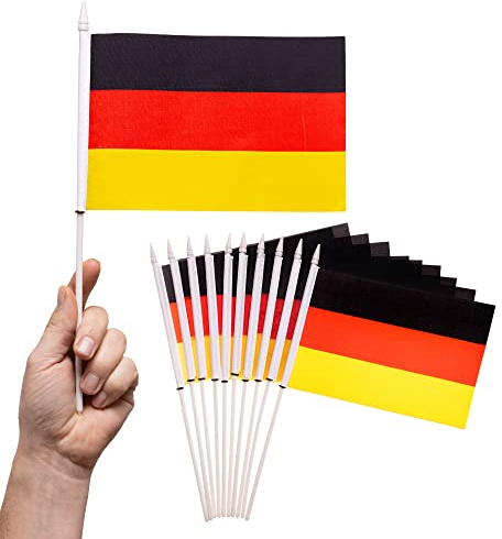 PHENO FLAGS Tyskland handflagga – 10 per set – flagga 12 x 20 cm – med 30 cm flaggstång och 75 D polyestertyg – bordsflaggan är ett bra blickfång för en avskeds- eller temafest