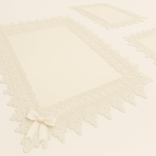 Corredocasa Set di 3 Centrini Tavola Art. Giada in Tessuto Misto Lino con Pizzo di Macramè Manifattura Italiana, Runner Centrotavola per Camera da Letto e Salone (Panna, Tris Centrini)