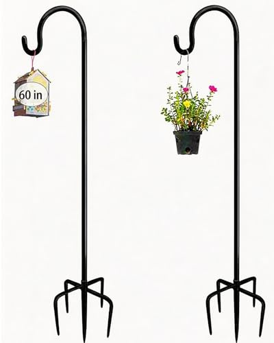 ADTSADDTO 2 Piezas Gancho de pastor para exteriores de 60 pulgadas con base de 5 puntas, estaca ajustable para colgar plantas, linterna de luz solar, decoraciones de vacaciones, comederos de pájaros