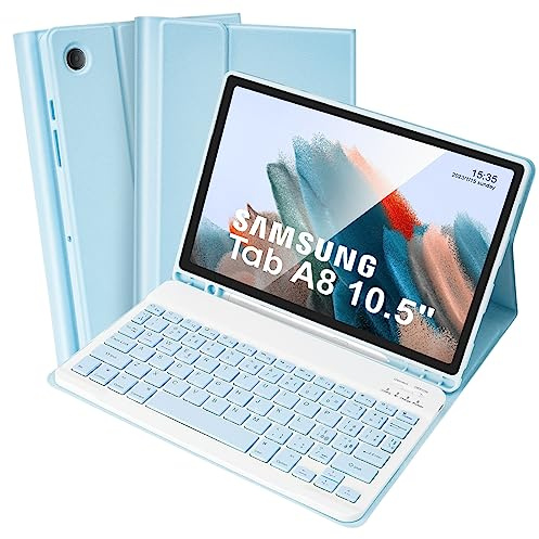 SOPPY Custodia Tastiera Bluetooth per Samsung Galaxy Tab A8 10,5 2022 (SM-X200/ X205 /X207), Tastiera Italiana, Rimovibile Magneticamente, Porta S Pen, Design Sottile, Azzurro