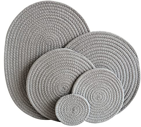 4er Set Platzsets Rund Geflochten Tischset, Boho Rund Platzset Tischsets Waschbar Platzteller Hitzebeständig für Küche Partz Hochzeit Platzdeckchen (Hellgrau,30cm)