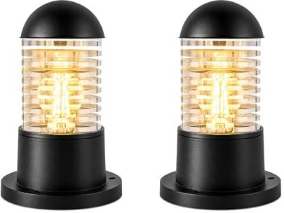2 Pack Outdoor Aluminium Round Pillar Light IP54 Waterproof Garden Post Lamp, Modern Bollard Light with Clear Shade, E27 LED Bulb Compatible, Exterior Pathway Deck Lighting Fixture – Black