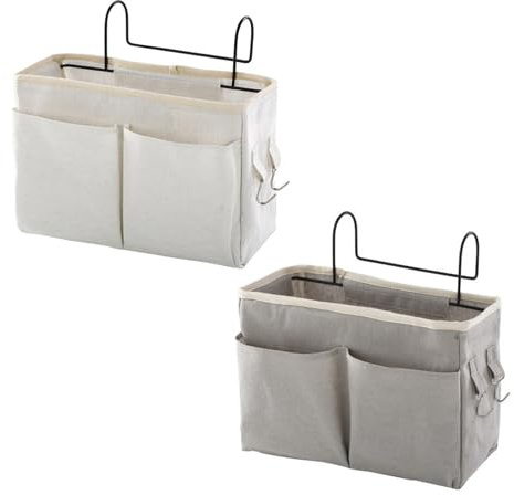 2Pcs Tasche da Letto Appendibile, Borsa da Comodino, Portaoggetti da Appendere al Comodino, Portaoggetti Appendere In Tessuto Borsa per Camera da Letto Bagno Cucina Libro Cosmetico (Bianco+Grigio)
