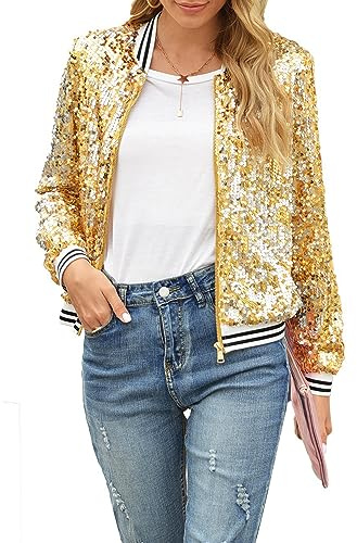 Felcia Damen Zip Up Jacke Casual Glänzende Pailletten Leichte Jacke Langarm Cardigan Party Kostüm