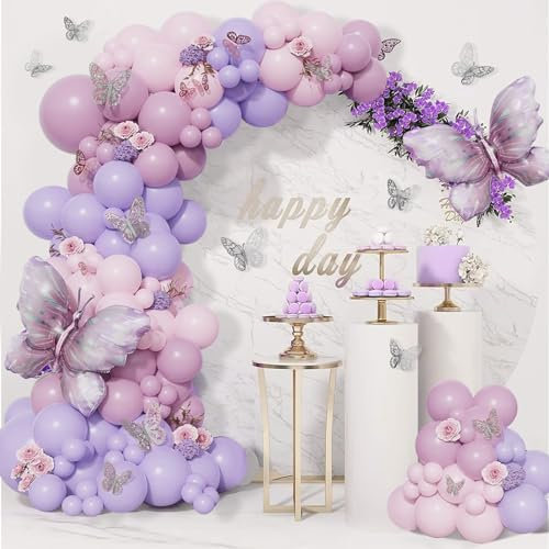 yosiio Kit Ghirlanda Palloncini Compleanno, 109 Pezzi Kit Arco Palloncini Viola, Palloncino Arco per Baby Shower, Anniversario, Matrimonio, Fidanzamento, Decorazioni Compleanno per Viola Farfalle