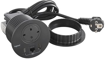 LEGRAND, Incara Disq 80 654711 Prise de Charge USB A+C, Prise de données FTP Cat6 RJ 45, Multiple, encastrable, 15 W, câble de 2 m, 2 fiches P+E, Couleur : Noir