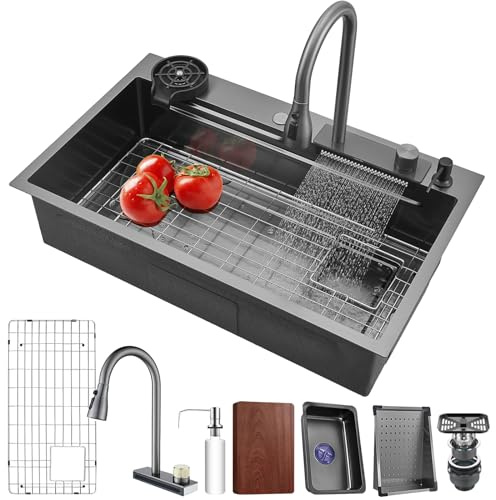Lavello da cucina 86 * 50CM Nero Cascata Raindance Lavandino Cucina Lavandino Cucina 1 vasca Acciaio Inossidabile con kit di scarico e filtro cestello