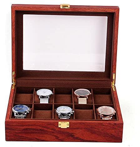 Massivholz Uhrenbox mit 10/12 Fächern, Uhrenbox aus Holz, Uhrenbox aus Palisanderholz, hochwertige Uhrenbox aus Holz, Uhrenorganisation mit Klarglasdeckel. (10 Rillen)