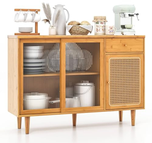 GiantexUK Buffet Storage Cabinet, Bamboo Kitchen Sideboard with 2 Tampered Glass Sliding Doors, Rattan Door, Drawer & Non-Slip Foot Pads, Freestanding Cupboard for Dining Living Room Entryway