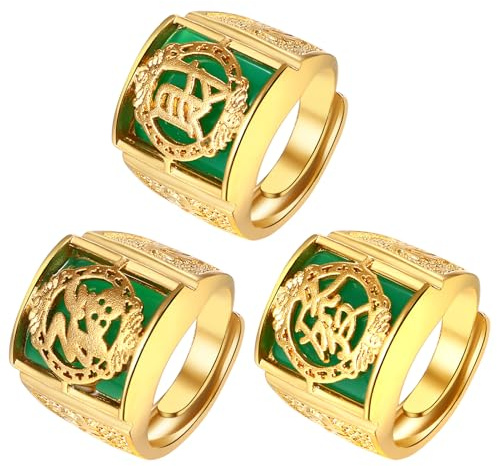 JewelryWe 3 st herrring förgylld rikedom/lycka/rikedom band sigillring band justerbar storlek, Mässing