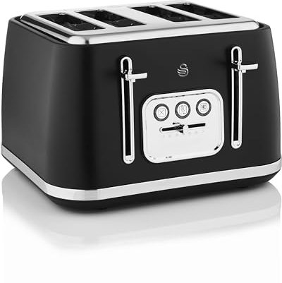 Swan Serenity ST19024BLK 4 Slice Toaster with Matt Finish, 6 Browning Levels, Temperature Control, Reheat and Defrost Functions, 2100W, Black