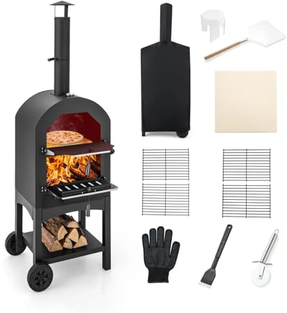 SEDOL Portable Outdoor Pizza Oven with Built-in Thermometer & Ash Drawer – 12 Wood-Fired Pizza Maker with Pizza Stone, Peel, Cutter, Grids, Glove & Cover – Ideal for Garden, Camping & BBQ Parties