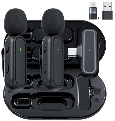 Kabelloses Lavalier-Mikrofon für iPhone, iPad, Android, inklusive Ladehülle und Klinkenadapter, Rauschunterdrückung, Plug-Play, Ansteckmikrofon für Aufnahmen, YouTuber, Vlog, Facebook Live-Streaming