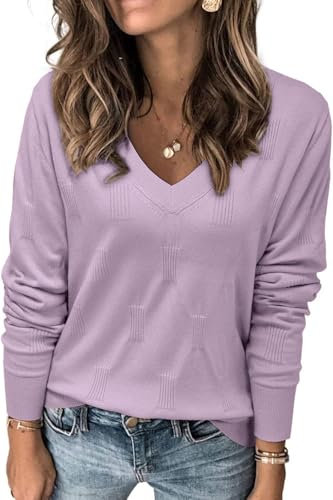 TrendiMax Pullover Damen V Ausschnitt Strickpullover Elegant Herbst Frühling Casual Oberteile Langarm Sweatshirt Basic Tops (M, Frisch Lila)