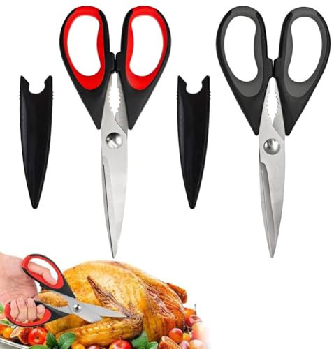 Xiedeai Heavy Duty Kitchen Scissors Ultra Sharp Blades and Soft Grip Stainless Steel Kitchen Shear with Cover Multipurpose Food Scissors for Cutting Meat Chicken Vegetable Fish Herbs Red+Black
