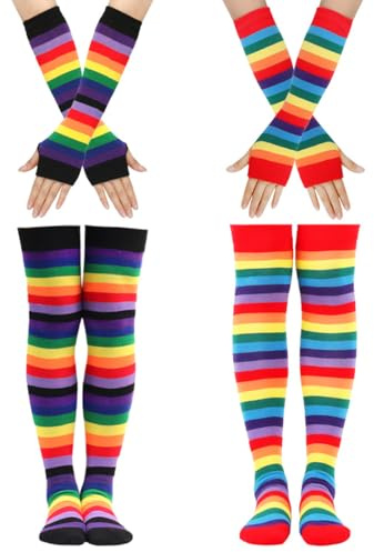 Chenflying 2 Paar Regenbogen Kniestrümpfe und Armstulpen Set, Bunte Oberschenkel Hohe Socken Bein Strumpf, Streifen Arm Wärmer Socken Fingerlose Handschuhe Hülsen für Frauen Mädchen Party