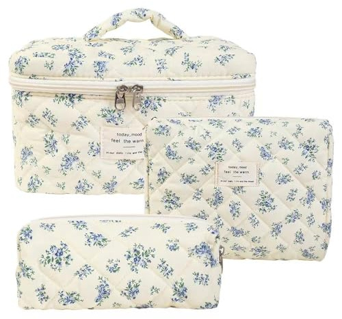 3 Stück Kosmetiktasche Damen Make up Tasche, Gesteppte Kulturtasche mit Blumenmuster, Reise Kosmetiktasche Groß Set Damen für Toilettenartikel, Kosmetik, Zubehör (A)