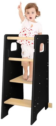 Lernturm für Kinder aus Robuster Holz - mit 3 höhenverstellbaren Ebenen - Tritthocker Kinder - Learning Tower, Kinder Lernturm, Baby Stehen Fußstuhl (schwarz)