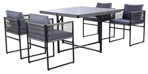 ESTEXO Gartenmöbel Set La Gomera 4 Personen Grau Rope Sitzgruppe Cube-Design Stühle einschiebbar Essgruppe Glastisch 110x110 cm & Kissen