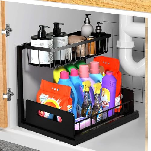 LelonHo Metall Spülschrank Organizer Unter Waschbecken Regal,2 Etagen Ausziehbarer Küchenregal,Aufbewahrungsregale,Gewürzregal und Küchenhelfer für Küche, Bad, Unterschrank, Schwarz