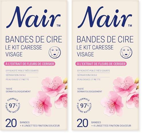 NAIR Kit Caresse - Bandes de Cire Froide Visage, Faciles à Séparer & Adaptées aux Peaux Sensibles, Formule 97% d'Origine Naturelle à l'Extrait de Fleurs de Cerisier, 20 Bandes de Cire (Lot de 2)