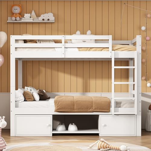 Etagenbett mit teilbarem Design, stabilem Kiefernholzrahmen, Absturzsicherung und Winkelleiter, wandelbares Hochbett als Zwei Einzelbetten für Flexible Raumgestaltung im Schlafzimmer