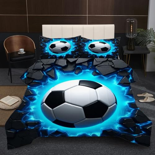 Fotmung Couette 140x200 Enfant Ballon de Football, Édredon Tempérée 140 x 200 cm de Lit 1 Personne, Edredon Toutes Les Saisons en Microfibre avec 2 Taies d'oreiller 65 x 65 cm