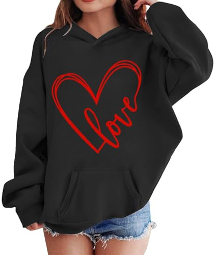 Mjjsk Flickor Hjärtan Grafisk Huvtröjor Trendiga Långärmad Huvtröjor Ledig Mode Preppy Pullover Toppar Komfort Mjuk Huvtröja Jumper, Svart, 3-4 Years