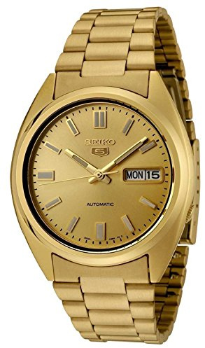 Seiko analog automatisk självuppdragande klocka för män med armband i rostfritt stål – SNXS73K, Guld/guld, Armband