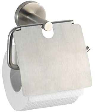 WENKO Toilettenpapierhalter mit Deckel Bosio Edelstahl matt - WC-Rollenhalter, Edelstahl rostfrei, 15 x 13.5 x 7 cm, Matt