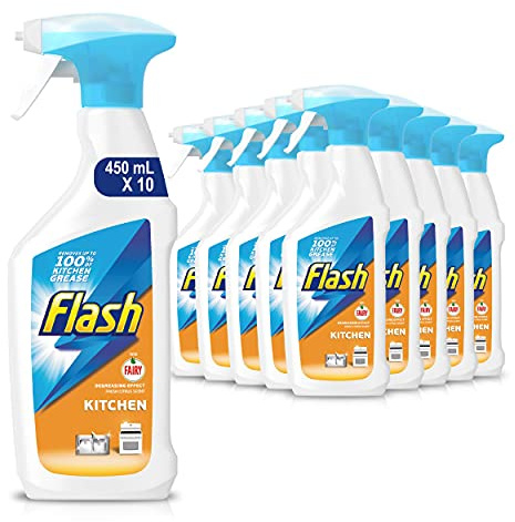 Flash Kitchen Cleaner Spray, 4.5 Litres (450 ml x 10), Surface Cleaner & Grease Remover, Streak-Free Shine, Fresh Citrus Scent