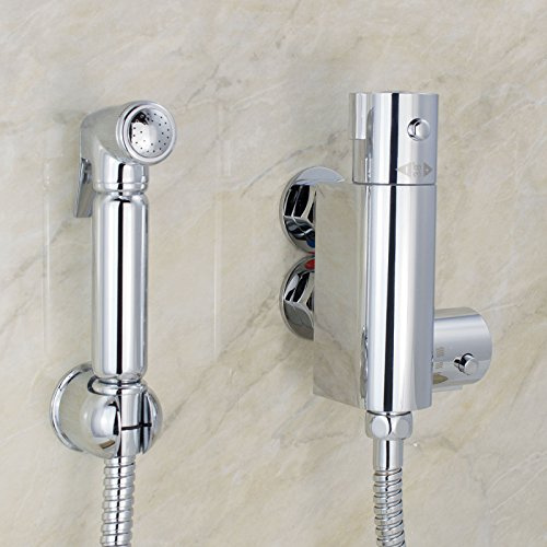 Nes Home | Brass Bidet Douche Muslim Shattaf Spray Kit & Mini Thermostatic Bar Shower Mixer Valve Chrome Bathroom