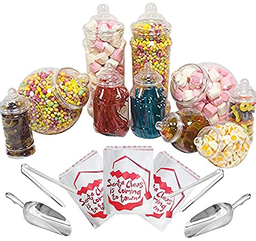 10 Mixed Jar Retro Pick & Mix Victorian Sweet Shop Candy Buffet Kit Party Pack with Scoops, Tongs & Bags - Santa Claus Bags