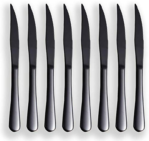 Schwarzes Steakmesser-Set, Kyrtaon Schwarzes gezahntes Messer, Titanschwarzes Edelstahl-Scharfmesser-Set, Tafelmesser-Set von 8, Spülmaschinenfest, robust und leicht zu reinigen