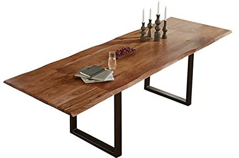 SAM Esstisch Adina 220(320) x100 cm Akazie nussbaum Baumkante U schwarz | Baumkantentisch massiv, Akazienholz nussbaumfarben, ausziehbar, 26 mm Tischplatte, mit 2 Ansteckplatten, Metallgestell