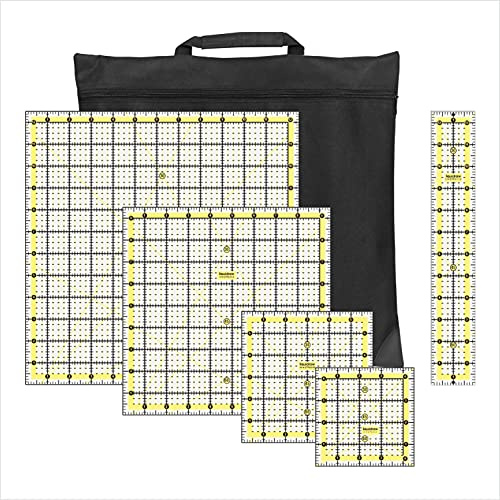 Liquidraw Quilting Ruler Set of 5 | Includes 12.5 x 12.5, 9.5 x 9.5 | 6 x 6, 4.5 x 4.5, 2 x 12.5 & Carry Bag | Clear Acrylic | Square Cutting, Quilting & Sewing Must-Have | Easy to Read
