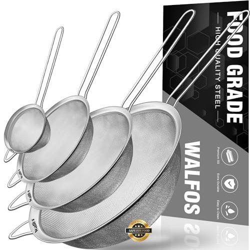 Walfos Extra Fine Mesh Strainer Set of 4-9.35, 6.95, 4.6, 2.7, Stainless Steel 30 Mesh Sieve with Sturdy Handle, Kitchen Food Strainers Sifters for Quinoa, Pasta, Fruits, Vegetables, Rice, Tea