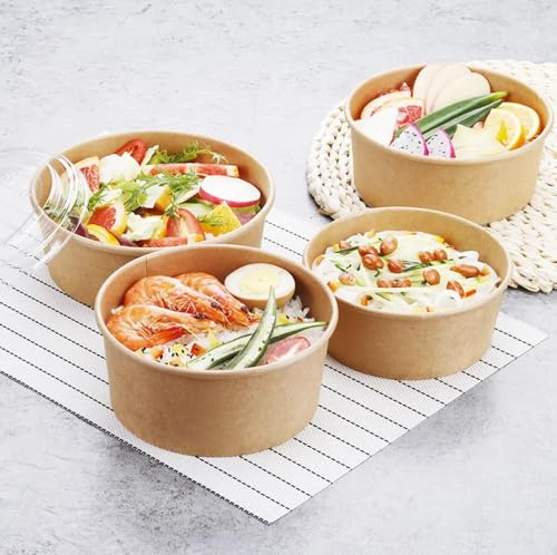 HOT BARGAINS Kraft Paper Salad Bowls with Reusable Lids, 26oz/750ml Food Containers, Pack of 100, Brown