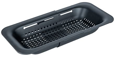 Wenko Setaccio per lavello Sivo, setaccio per cucina estraibile in plastica robusta adatto al lavello, ideale per lavare frutta e verdura o come scolapasta, 37-50 x 7 x 20 cm, nero, 55012100