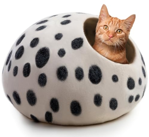 Woolygon Wool Cat Cave Bed Handcrafted from 100% Merino Wool, Eco-Friendly Felt Cat Cave for Indoor Cats and Kittens (Snow Leopard)