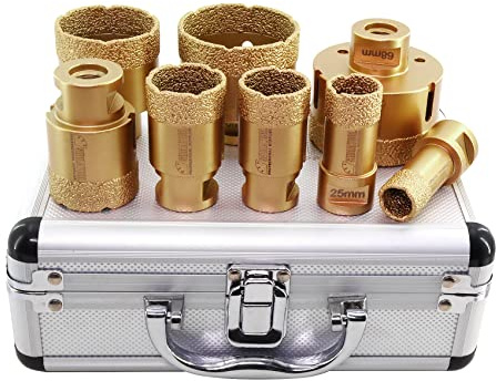 SHDIATOOL Diamant Bohrkrone Fliesenbohrer 20/25/32/35/40/50/60/68MM mit Koffer Set 8-teilig Diamant Lochsäge für Fliesen,Granit Feinsteinzeug M14-Aufnahme Diamantbohrer-Set Trockenbohren