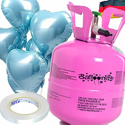 Helium Ballongas + Herz Folienballons + Ballonband | 20er Heliumflasche + Knickventil + 8 Ballonherzen + 10m Band | Luftballon Herzen Geburtstag Party Hochzeit, Edition: Set mit Hellblauen Herzballons