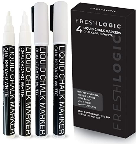 Liquid Chalk Markers - 4 White Fine Tip Chalk Pens, Erasable, Non-Toxic, Water-Based, Artists & Adults - White Chalk Markers for Blackboard, Glass, Chalkboard Paint for Businesses, Restaurants