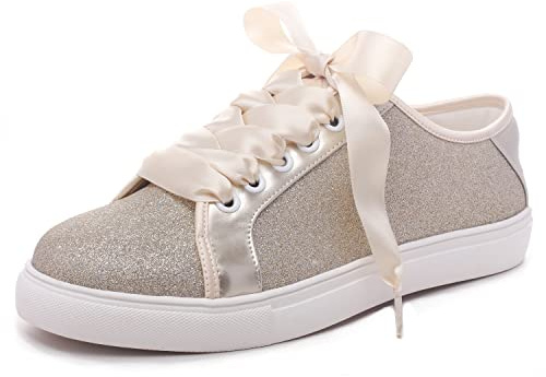 Elivandon 16051 Hochzeit Schuhe Bling Braut Turnschuhe Flats Braut Tennisschuhe Glänzende Pailletten Schuhe Funkelnde Turnschuhe Farbe Champagner,Größe 37 EU (4 UK)
