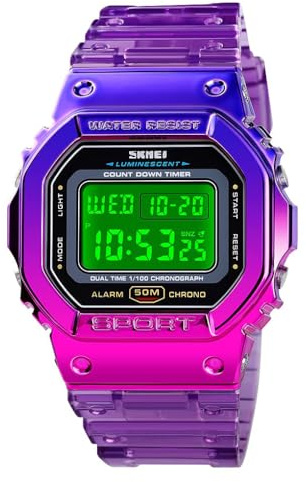 FANMIS Orologio digitale multifunzione militare da uomo, resistente all'acqua fino a 50 m, con retroilluminazione a LED, orologio sportivo unisex per sport all'aria aperta, Y Viola, Digitale