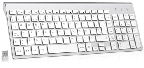 cimetech Teclado inalámbrico, 2.4G QWERTY español Layout, USB Teclado de Ordenador con Teclado numérico y Teclas ergonómicas para Desktop/PC/Laptop/Surface/Smart TV/Notebook y Windows - Plata