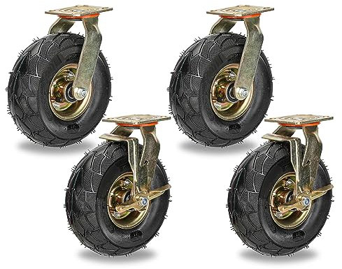 Schwerlast Möbelrolle Trolleys Industriell Transportrollen 4er-Packung, 200mm 250mm Luftreifen Gummi Lenkrolle, Schwenkrollen Mit Bremse, Schrauben & Metallplatten, 600Kg Gesamtkapazität (Color : Swi