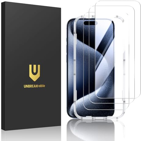 UNBREAKcable 3 Pezzi Vetro Temperato per iPhone 15 Pro Max [6,7 Pollici], 99,99% HD Trasparente, Installazione Facile, Durezza 9H Pellicola prottetiva, Anti Graffio, Anti-Impronte, Senza Bolle