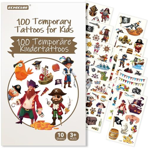 ECHOCUBE Temporäre Tattoos Kinder mit 100 Motiven, 10 Bögen wasserdichte Piraten Thema Tattoo Aufkleber, gefälschte Tattoos Set für Kinder Weihnachten Geburtstag Tasche Füller