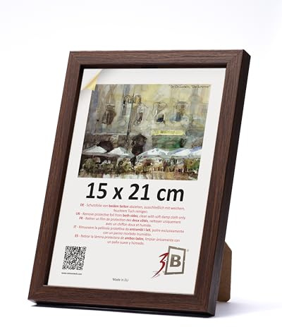 3-B Bilderrahmen MEGA - Dunkel Braun (Nussbaum mit optischer Holzmaserung) - 15x21 cm (A5) - Holzrahmen, Fotorahmen, Dokumentenrahmen mit Acrylglas